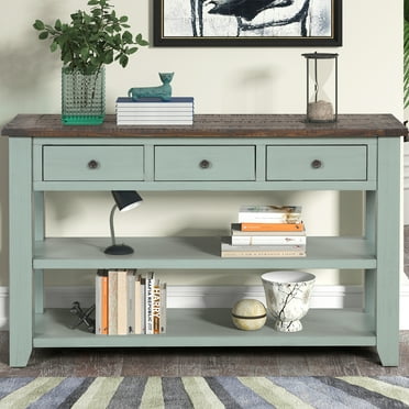 48'' Solid Pine Wood Top Console Table,Modern Side Table with 3 Storage Drawers and 2 Shelves,Entryway Table Sofa Table for Living Room,Entryway,Bedroom,Green