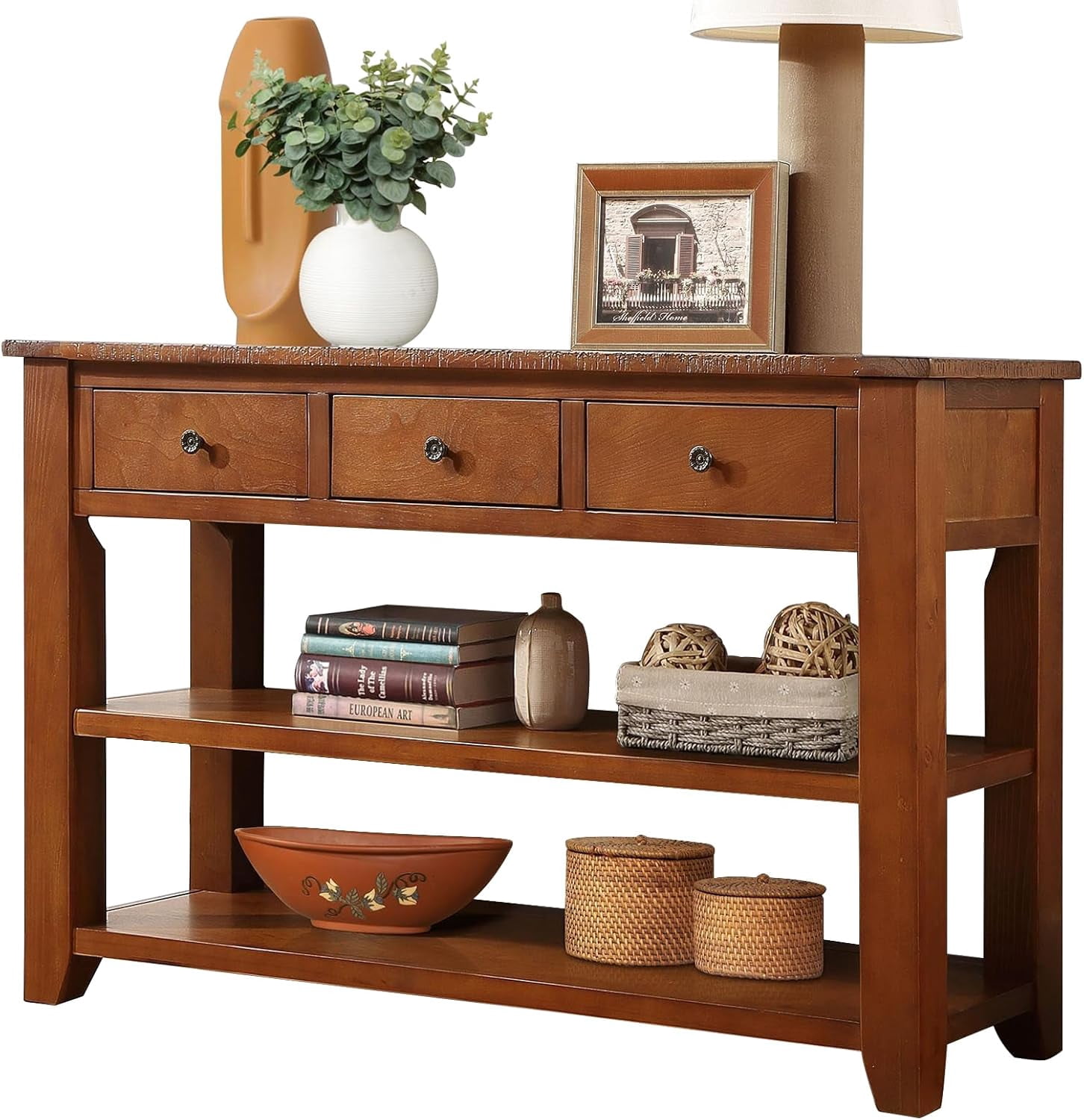 48" Solid Wood Console Table,Pine Wood Sofa Table with Storage Drawers ...