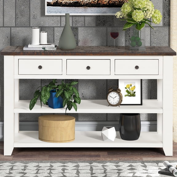 48" Solid Wood Console Table with Drawers and Shelves, Sofa Couch Entryway Table for Hallway, in Antique White