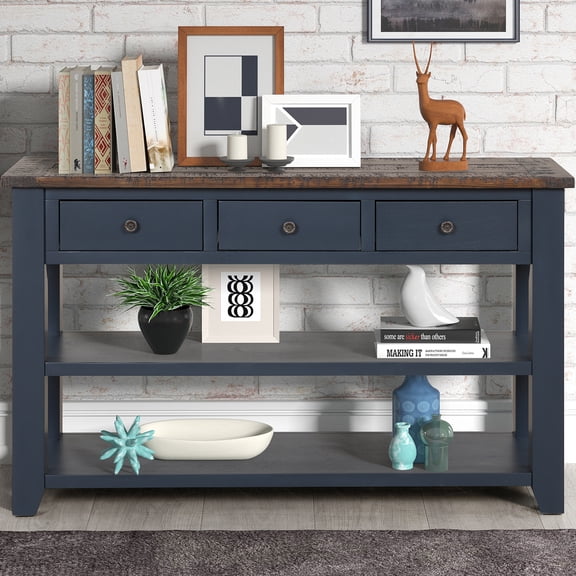 48" Solid Wood Console Table with Drawers and Shelves, Sofa Couch Entryway Table for Hallway, in Blue