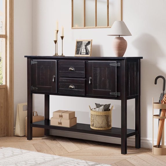 HICOMILA 48 Inch Solid Wood Sideboard Cabinet, Console Table with 2 Door Cabinets and Open Storage Shelf, Retro Buffet Server Storage Cabinet for Living Room Kitchen Dining Room, Espresso