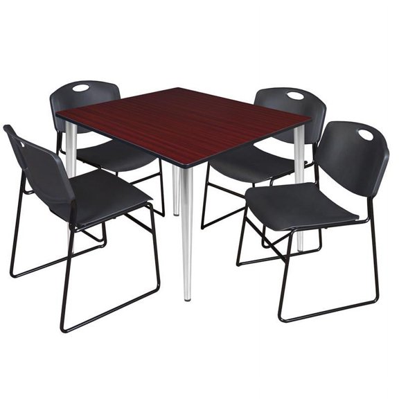 48" Sq Breakroom Table- Mahogany Top- Chrome Base & 4 Zeng Stack Chairs- Black