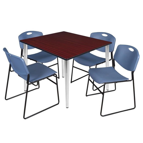 48" Sq Breakroom Table- Mahogany Top- Chrome Base & 4 Zeng Stack Chairs- Blue