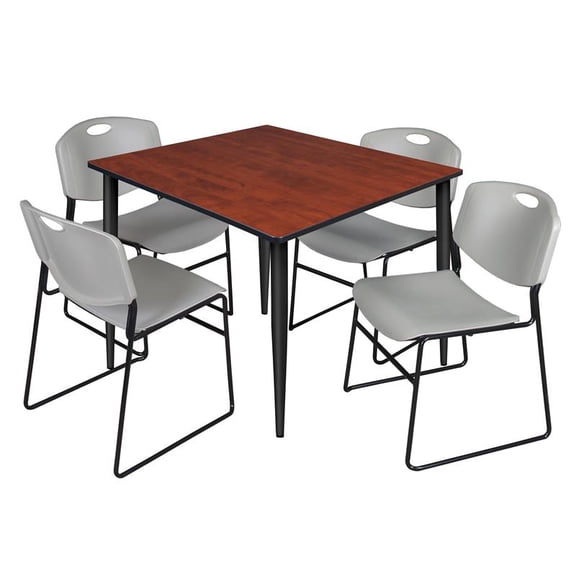 48" Square Breakroom Table- Cherry Top- Black Base & 4 Zeng Stack Chairs- Grey