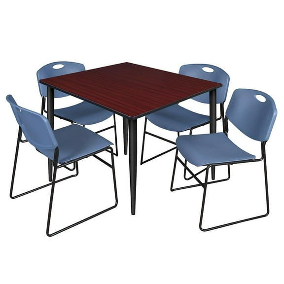 48" Square Breakroom Table- Mahogany Top- Black Base & 4 Zeng Stack Chairs- Blue