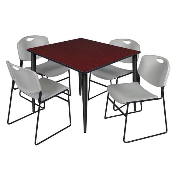 48" Square Breakroom Table- Mahogany Top- Black Base & 4 Zeng Stack Chairs- Grey