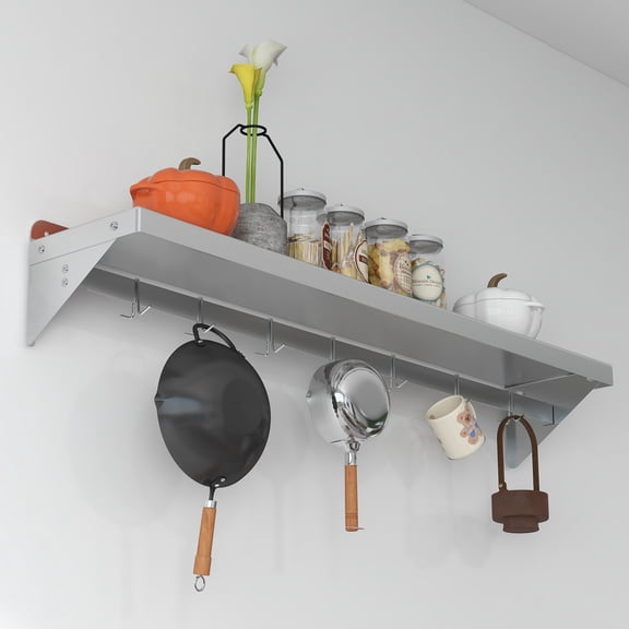48" Stainless Steel Wall Shelf with Hooks, NSF Kitchen Storage Rack with Backsplash, Heavy-Duty Metal Organizer for Home & Commercial Kitchens