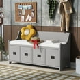 thumbnail image 1 of 48" Storage Bench with 4 Drawers, End of Bed Bench with Backrest and Movable Cushion, Wooden Entryway Bench, Shoe Bench for Bedroom, Hallway, Mudroom, 200lbs Weight Capacity, Gray, 1 of 9