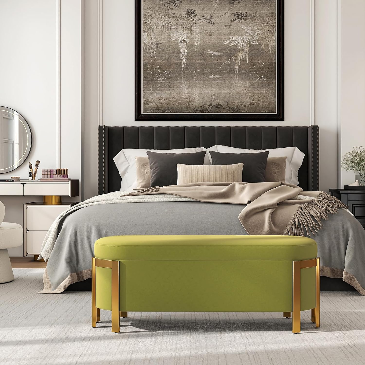 48” Storage Bench Ottoman, Upholstered Velvet End of Bed Bench Bedroom ...