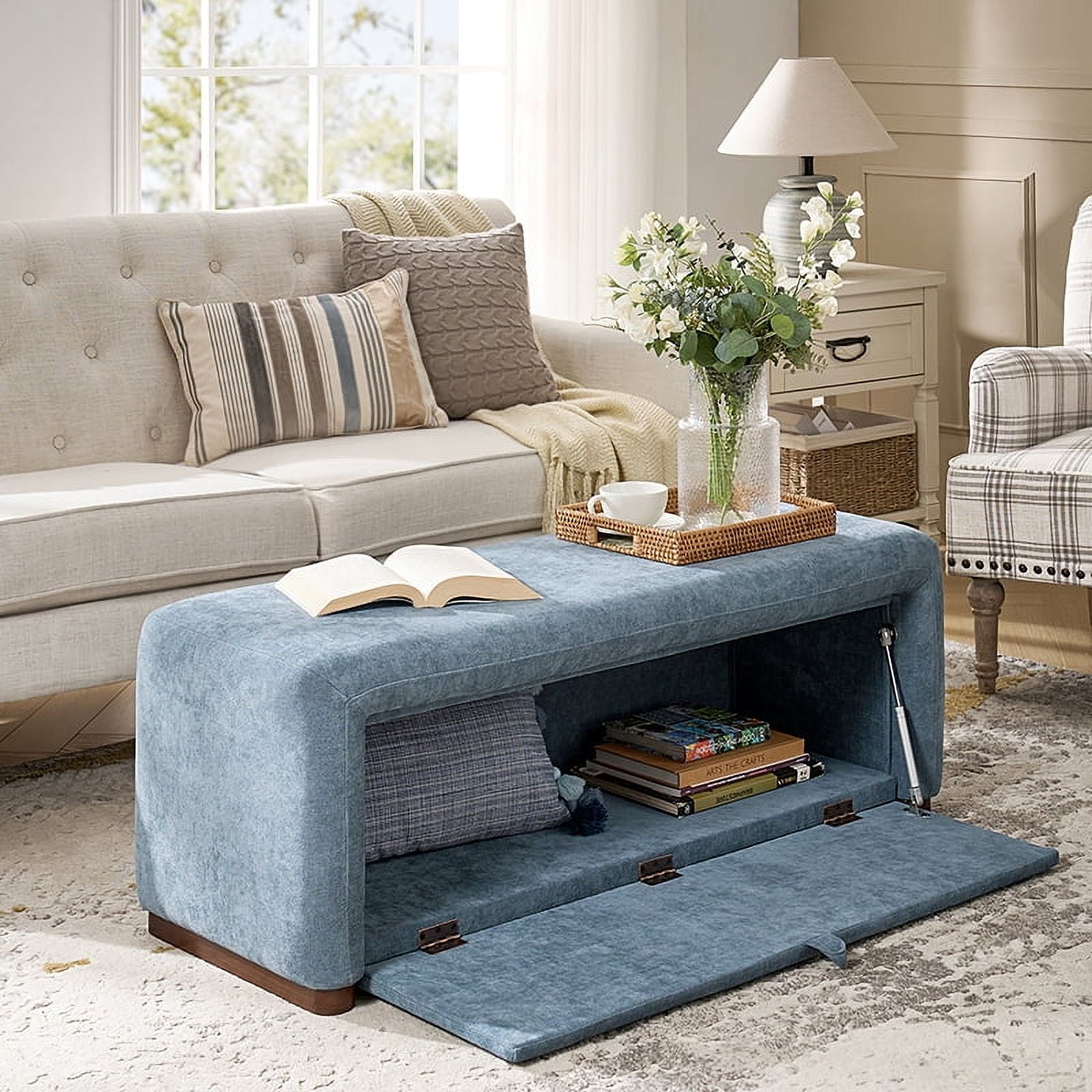 48 Storage Bench Upholstered Modern Footrest Stool Solid Wood Legs Side Opening Entryway Living Room Bedroom Blue