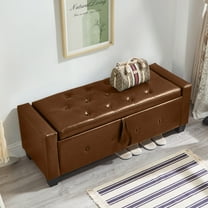 48" Storage Ottoman with 4 Legs, Faux Leather End of Bed Bebch with Pull Cord, Upholstered Entryway Bench for Living Room, Bedroom, Hallway, Brown