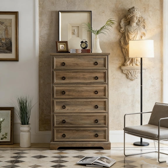 48" Tall 6-Drawer Dresser with Easy Pull Handles and Textured Borders, Storage Chest for Bedroom, Living Room or HallwayL 29.53''*W15.75''*H48.03''