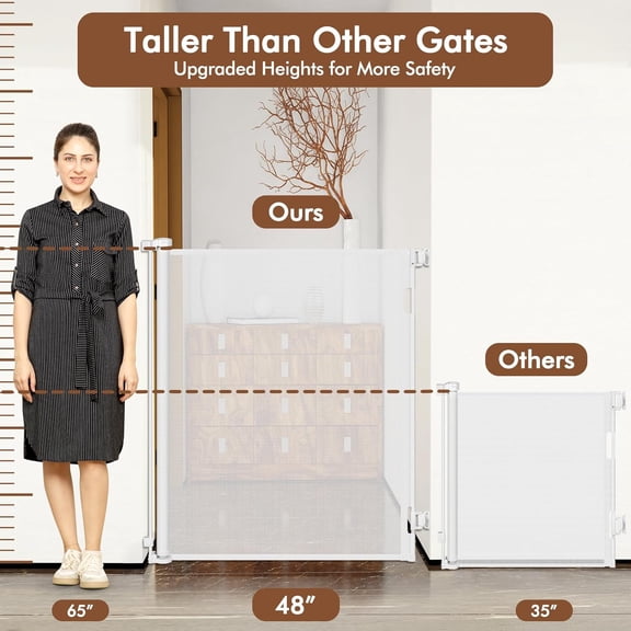 48" Tall Retractable Pet Gate for Doorways - White Mesh Gate for Large Openings Indoor Outdoor