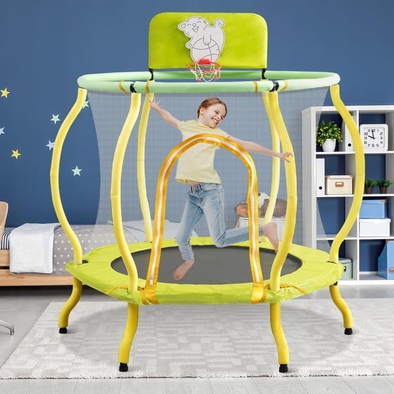 48" Toddler Trampoline, 4FT Trampoline for Kids, Indoor & Outdoor Kids Trampoline with Enclosure Net, Basketball Hoop & Basketball, Birthday Gifts for Boys & Girls