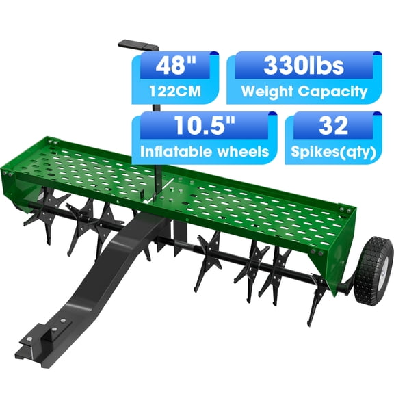 48" Tow Behind Lawn Plug Aerator with Universal Hich, Green Painted Galvanized Steel with Tray and Inflatable Wheels, Pull Behind Aerator for Garden, Farm and Lawn