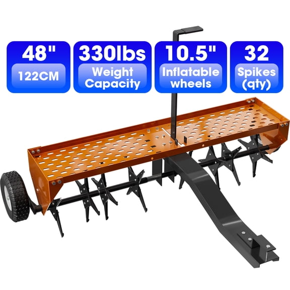 48" Tow Behind Lawn Plug Aerator with Universal Hich, Orange Painted Galvanized Steel with Tray and Inflatable Wheels, Pull Behind Aerator for Garden, Farm and Lawn