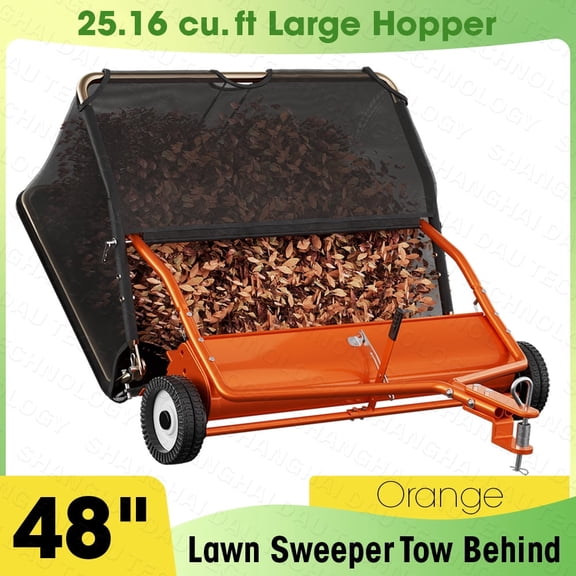 48" Tow-Behind Lawn Sweeper for Grass Collection with Leaf Collector Hopper, 25.16 Cu.Ft Large Hopper Leaf & Grass Collector with Adjustable Brush Height