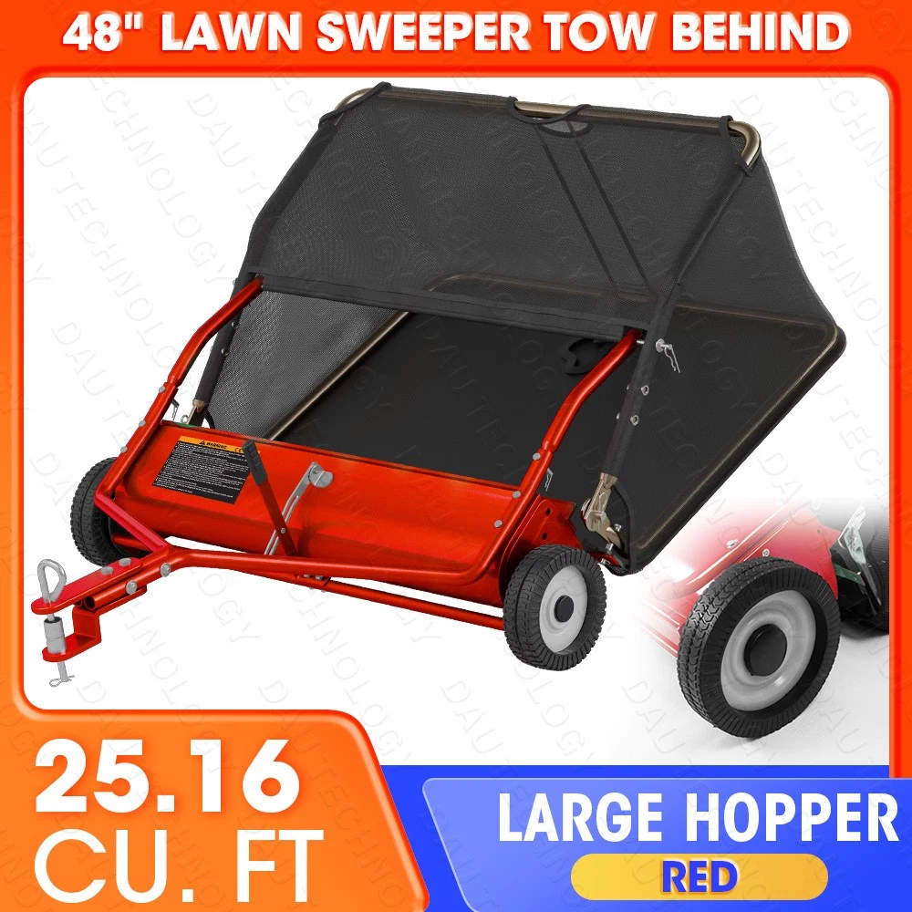 48" Tow-Behind Lawn Sweeper, Pull Behind Grass and Leaf Collector with 25.16 Cu. ft Hopper, Adjustable Brush Height Lever & Dumping Rope for Lawn and Yard Cleanup,Red