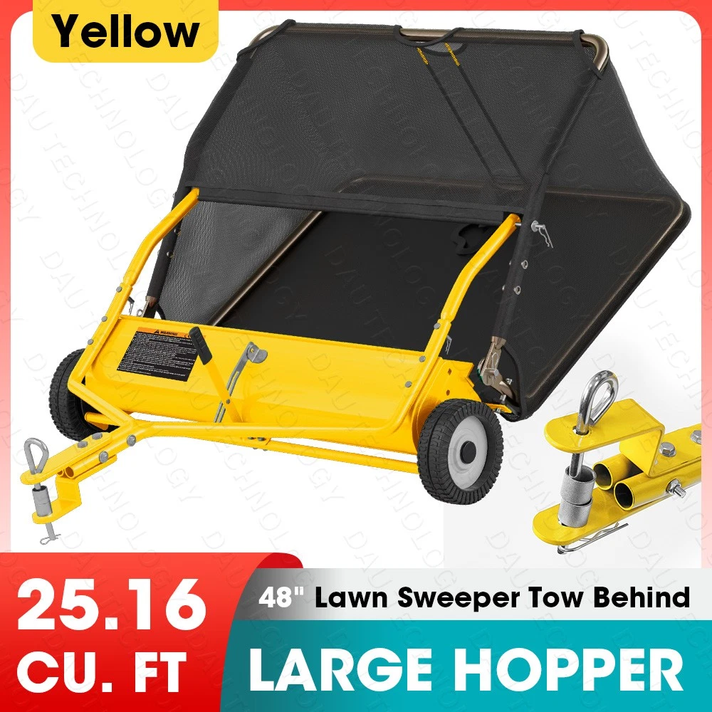 48" Tow-Behind Lawn Sweeper, Pull Behind Grass and Leaf Collector with 25.16 Cu. ft Hopper, Adjustable Brush Height Lever & Dumping Rope for Lawn and Yard Cleanup,Yellow