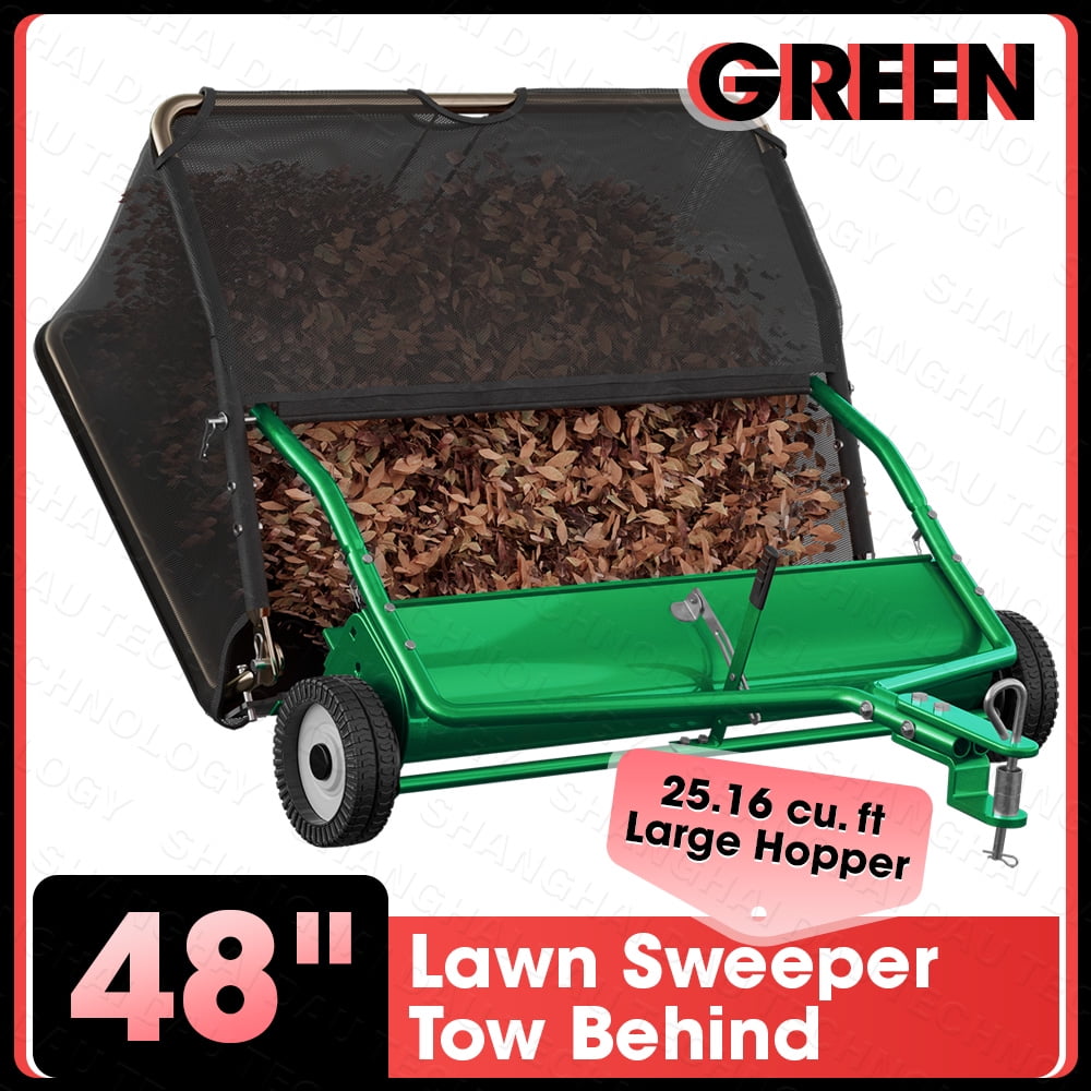 PPOLB 48" Tow-Behind Lawn Sweeper, Pull Behind Grass and Leaf Collector with 25 cu. ft Hopper, Adjustable Brush Height Lever & Dumping Rope for Lawn and Yard Cleanup