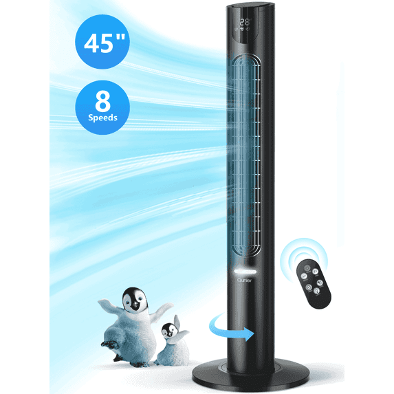 Qunler 45" Tower Fan with Remote, 8 Speed , 4 Modes, 12H Timer, Oscillation, Standing Fan for Bedroom, Office, Home, Black