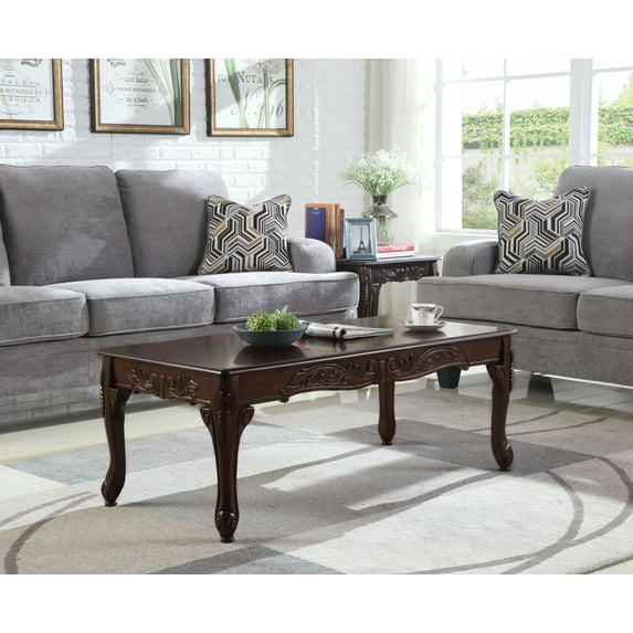 48" Traditional Dark Cherry Wood Coffee Table with Ornate Detailing and Claw Feet, Brown Elegant Living Room Table