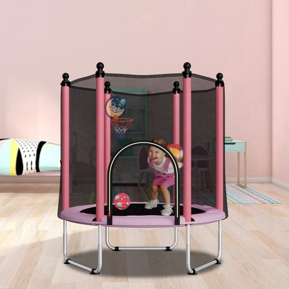 48" Trampoline for Kids,Mini Toddler Trampoline with Enclosure,Basketball Hoop Included,Pink