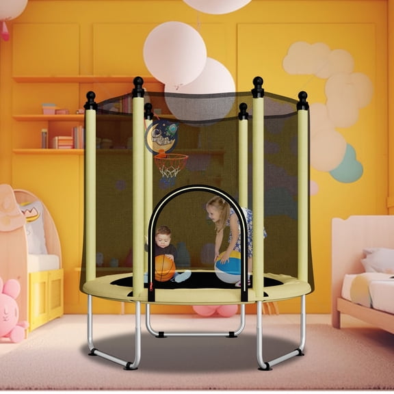 48" Trampoline for Kids,Mini Toddler Trampoline with Enclosure,Basketball Hoop Included,Yellow