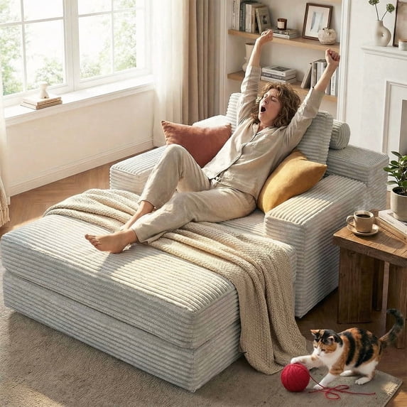 48" Upholstered Corduroy Sleeper Sofa Bed ,Convertible Chaise Lounge Couch with Removable Pillow & Movable Table Tray, Deep Seat No-Assembly Sofa for Living Room, Bedroom, Studio Apartment