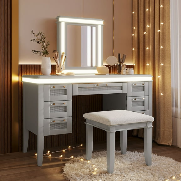 48" Vanity Desk with Mirror and Lights, Makeup Vanity with 7 Drawers and Cushioned Stool, Classic Grey Finish Dressing Table with Hollow Design Drawer for Bedroom, Rubber Wood Legs, Greyblue
