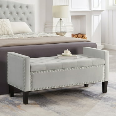48'' Velvet Storage Bench, Upholstered End of Bed Bench with Storage Armrest and Solid Wood Legs, Tufted Accent Ottoman Bench with Nails Trim for Bedroom Entryway Living Room, Gray