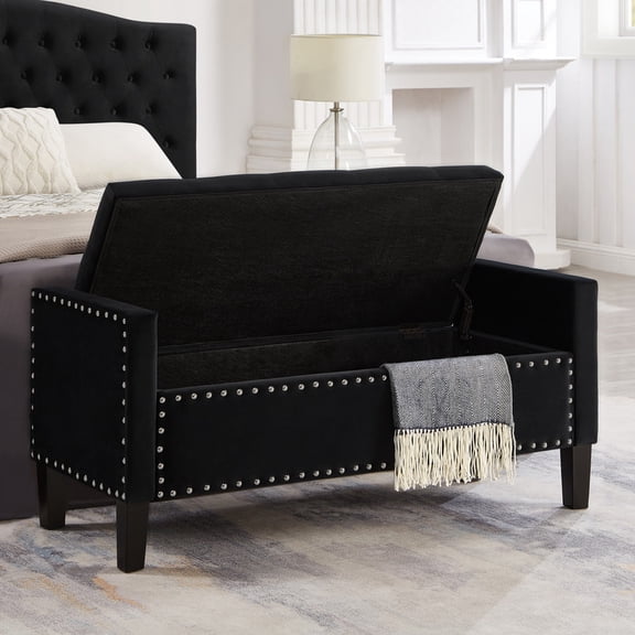 48” Velvet Storage Ottoman Bench with Armrest, Upholstered Tufted End of Bed Bench with Arms & Hidden Storage, Nailhead Trim Ottoman Bench for Entryway Living Room, Black