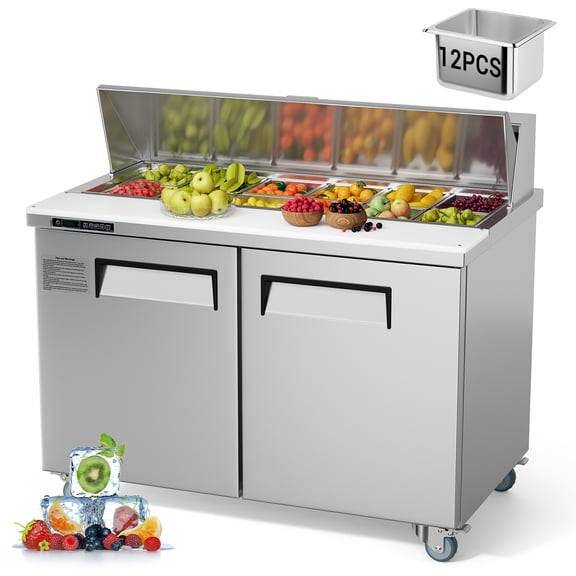48" W 2 Door Refrigerator Sandwich & Salad Prep Table Commercial Top Refrigerator Stainless Steel Counter Fan Cooling with 12 pans-48 Large Capacity Inches for Restaurant