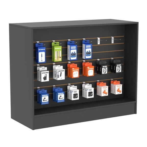 48” W ×20” D × 38” H - Ledge top Checkout Counter with Slatwall Display Front, Black Wooden Slat Wall Cash Register Stand,Retail Counter Display