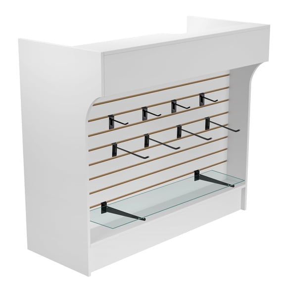 48" W * 22" D * 40" H - Checkout Counter With Slatwall Display Front, Slat Wall Cash Register Stand, Free-Standing Retail Counter Display (White)