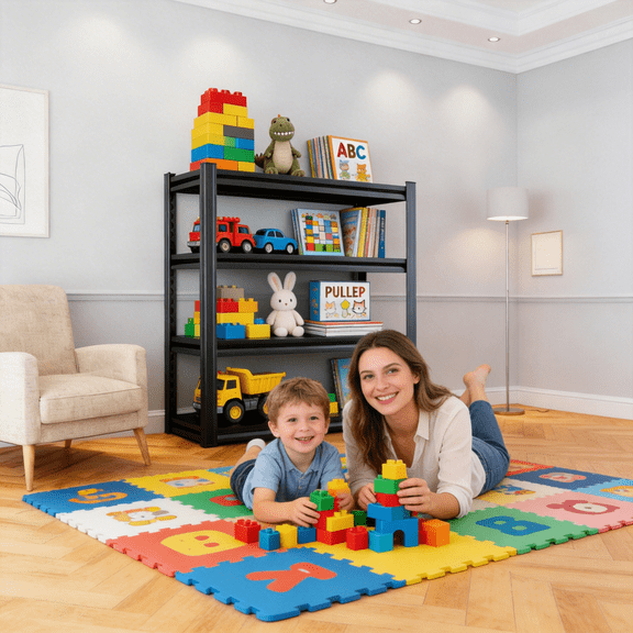 48"W 4-Tier Black Metal BookShelf, 54"H Industrial Bookshelves, Heavy Duty Storage Shelf for Books, Adjustable Standing Book Shelf for Living Room, Bedroom, Office, Library, Tool-Free Assembly