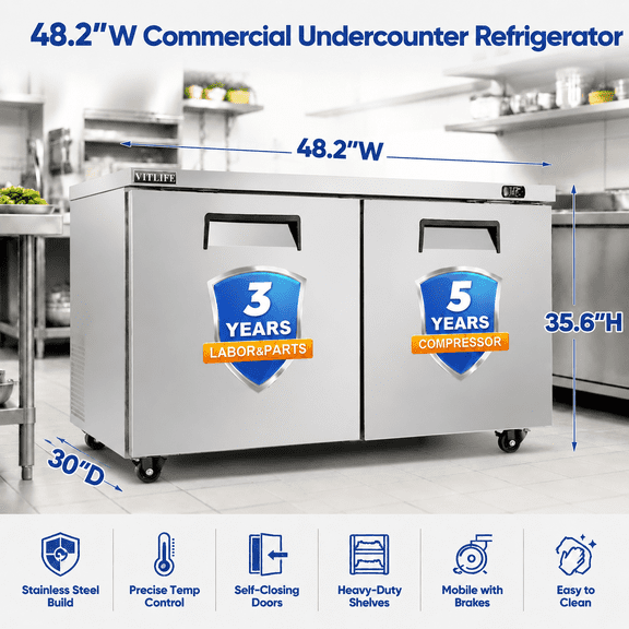 48" W Commercial UnderCounter Refrigerator, 13.1 Cu.ft, 2 Doors,Stainless Steel Worktop Undercounter Fridge for Restaurant,Diners