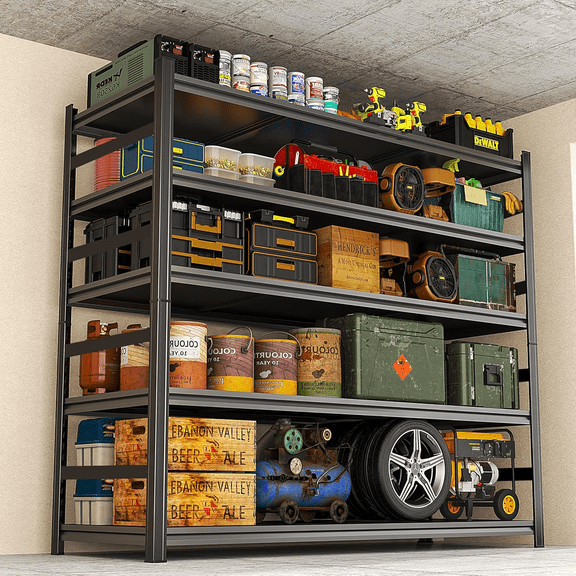 48''W Garage Shelving, 5 Tier Heavy Duty Storage Shelves,88''H Metal Garage Shelves Units,3000 lbs Adjustable Standing Shelf with Thickened Double-Layer Posts, for Garage,Basement, Warehouse,Black