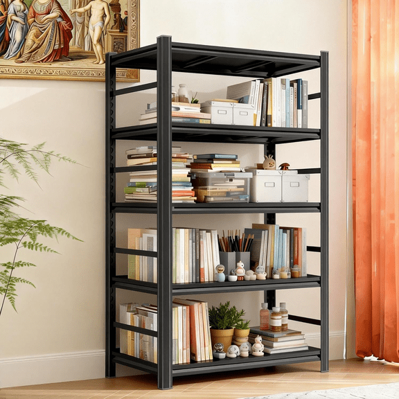 48"W Metal BookShelf, 87'‘H Industrial Bookshelves, Heavy Duty Storage Shelf for Books, Adjustable Standing Book Shelf for Living Room, Bedroom, Office, Library, Tool-Free Assembly, Black(5-Tier)