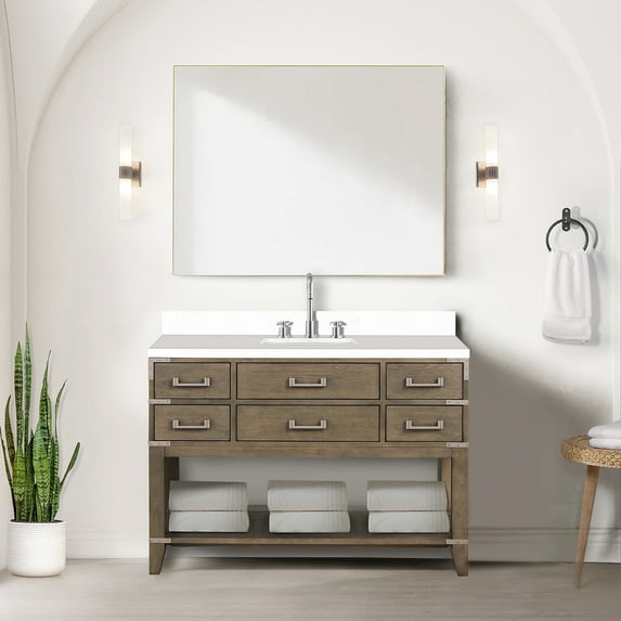 48" W X 22" D Grey Oak Bathroom Vanity With Hand Cultured Marble Top And Faucet , Soft Close Bath - Top, Included, Compartment Storage Units