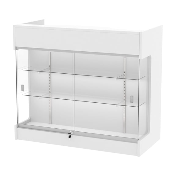48" W x 22" D x 42" H - Tempered Glass Retail Display Case, White Reception Desk, Retail Checkout Counter with Lockable Drawers, Suitable for Offices, Retail Stores and Boutiques
