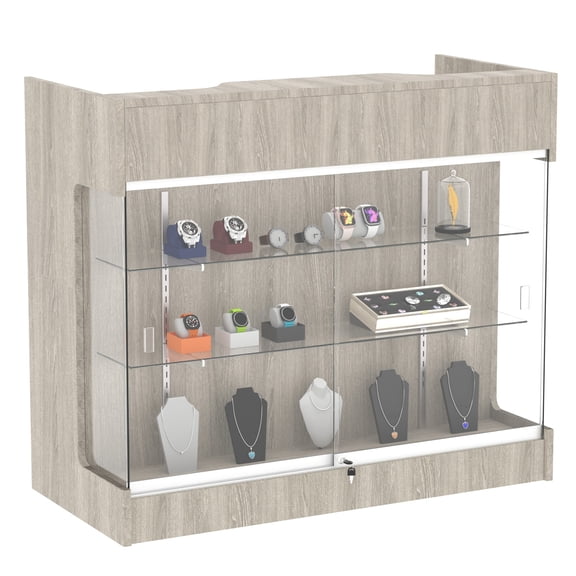 48" W x 22" D x 42" H - Tempered Glass Retail Display Case, Wood grain gray Reception Desk, Retail Checkout Counter with Lockable Drawers, Suitable for Offices, Retail Stores and Boutiques