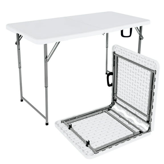 48" W x 24" D x 29.5" H - 4FT Adjustable Height Heavy Duty Plastic Fold-in-Half Foldable TableWhite Portable Folding Table with Carrying Handle for Camping & Party