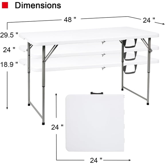48" W x 24" D x 29.5" H - 4FT Adjustable Height Heavy Duty Plastic Fold-in-Half Foldable Table,White Portable Folding Table with Carrying Handle for Camping & Party