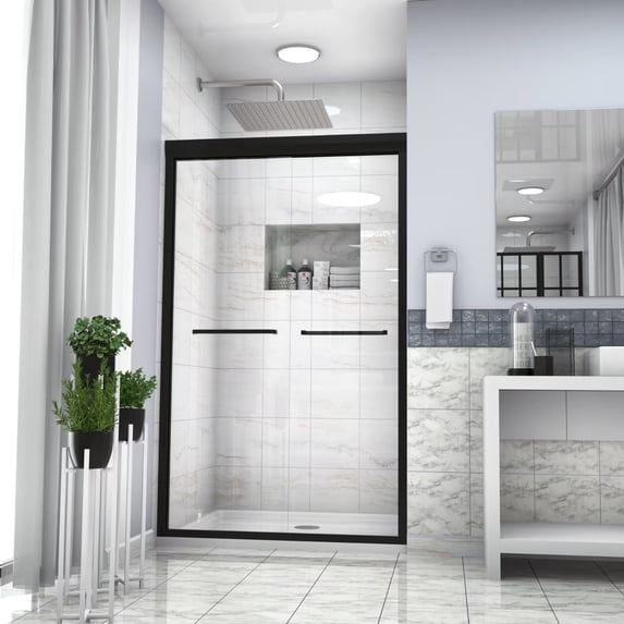 48"W x 76"H Shower Door, Double Sliding Glass Shower Doors with Mounting Hardware and Long Handle, Bypass Shower Enclosure Bathroom Doors in Matte Black Finish, Clear