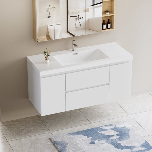48" Wall-Mounted Bathroom Sink Vanity | Add Style & Function to Bathroom | Premium Resin Countertop & Quiet Drawer Operation | Durable Timber Build