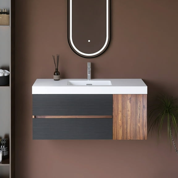 48" Wall Mounted Floating Bathroom Vanity with White Quartz Sink