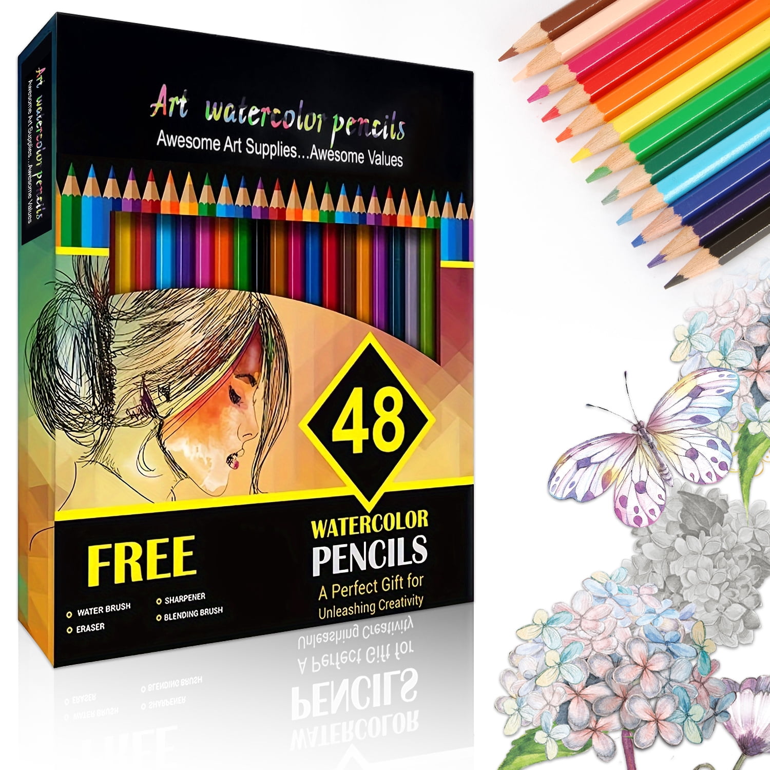 48 Watercolor Pencil Art Kit with Water Brush, Vibrant Water-Soluble Drawing Set for Painting, Sketching, and Coloring