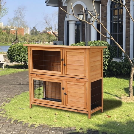 48" Waterproof Two Levels Wooden Rabbit Hutch Chicken Coop Outdoor Small Animals Hutch