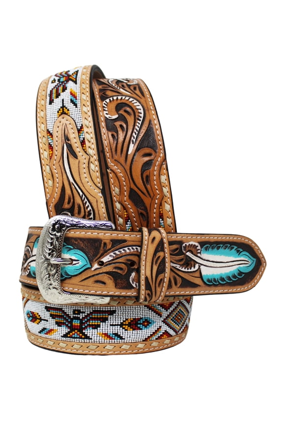 48 Western 2" Wide Feather Tooled Beaded Full-Grain Leather Belt 26RT63U2